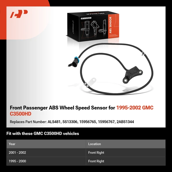 Front Passenger ABS Wheel Speed Sensor for 1995-2002 GMC C3500HD