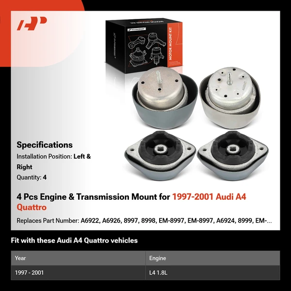 4 Pcs Engine & Transmission Mount for 1997-2001 Audi A4 Quattro