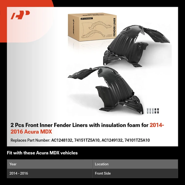 2 Pcs Front Inner Fender Liners with insulation foam for 2014-2016 Acura MDX