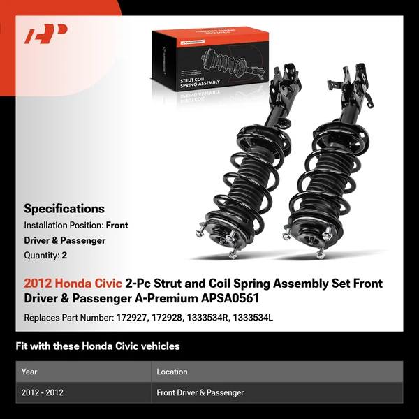 2012 Honda Civic 2-Pc Strut and Coil Spring Assembly Set Front Driver & Passenger A-Premium APSA0561