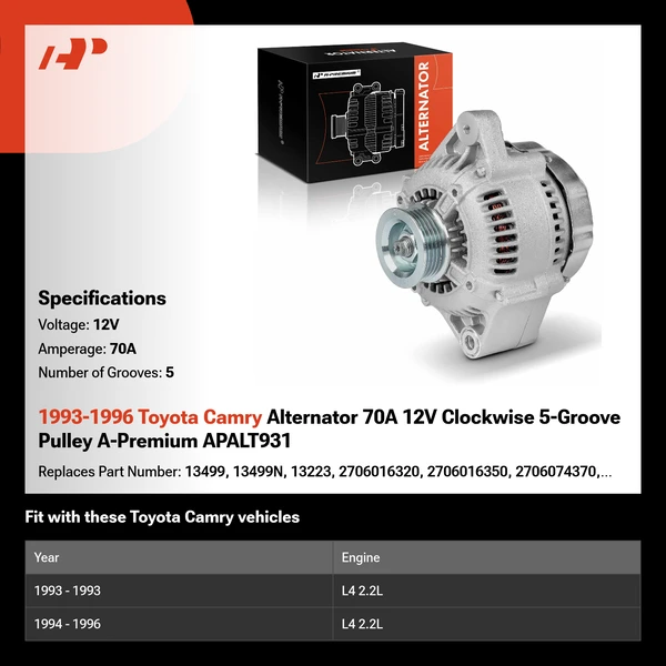 1993-1996 Toyota Camry Alternator 70A 12V Clockwise 5-Groove Pulley A-Premium APALT931