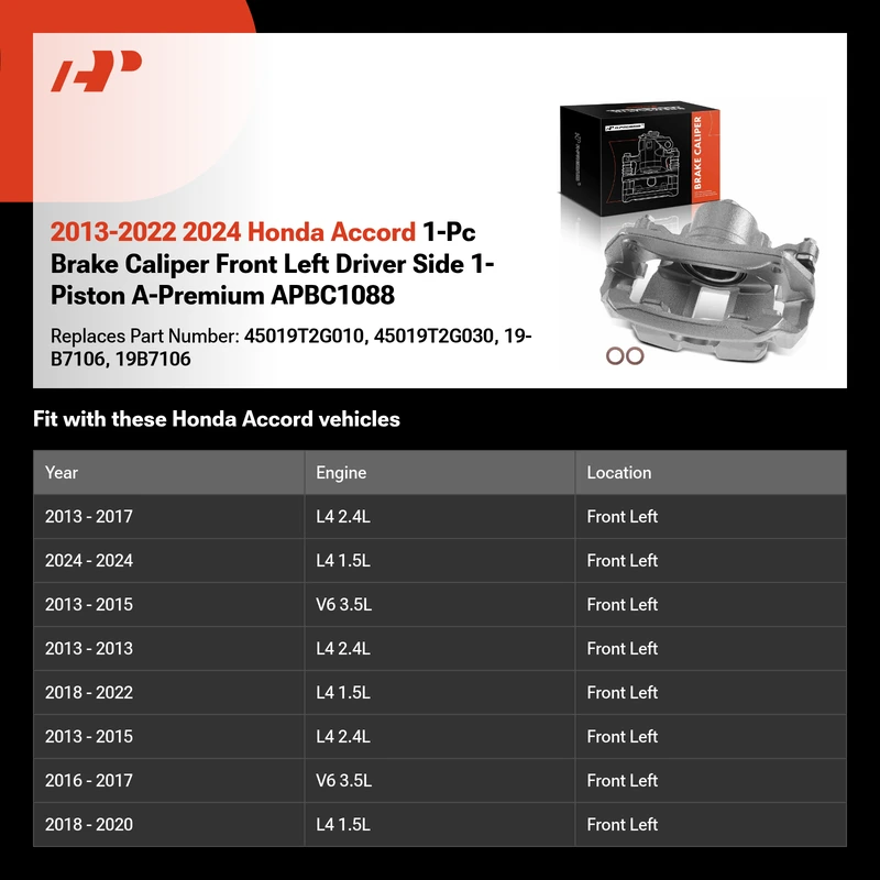 2013-2022 2024 Honda Accord 1-Pc Brake Caliper Front Left Driver Side 1-Piston A-Premium APBC1088