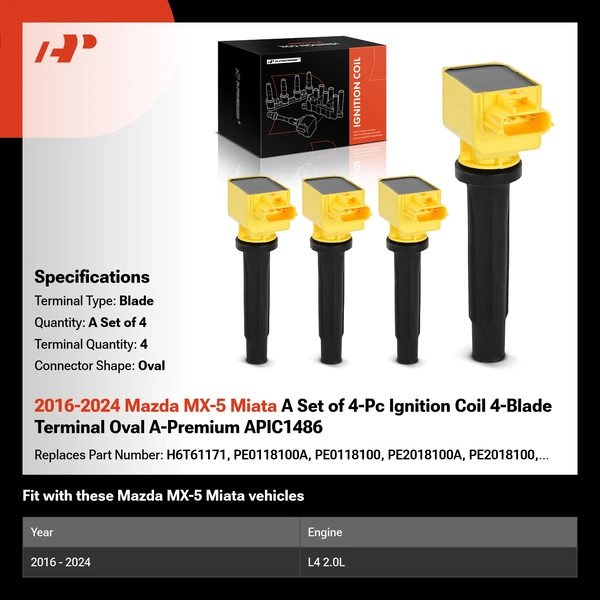2016-2024 Mazda MX-5 Miata A Set of 4-Pc Ignition Coil 4-Blade Terminal Oval A-Premium APIC1486
