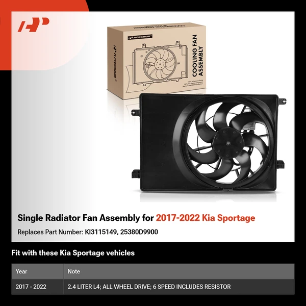 Single Radiator Fan Assembly for 2017-2022 Kia Sportage