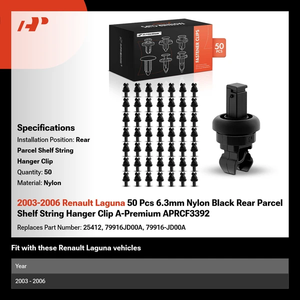 2003-2006 Renault Laguna 50 Pcs 6.3mm Nylon Black Rear Parcel Shelf String Hanger Clip A-Premium APRCF3392