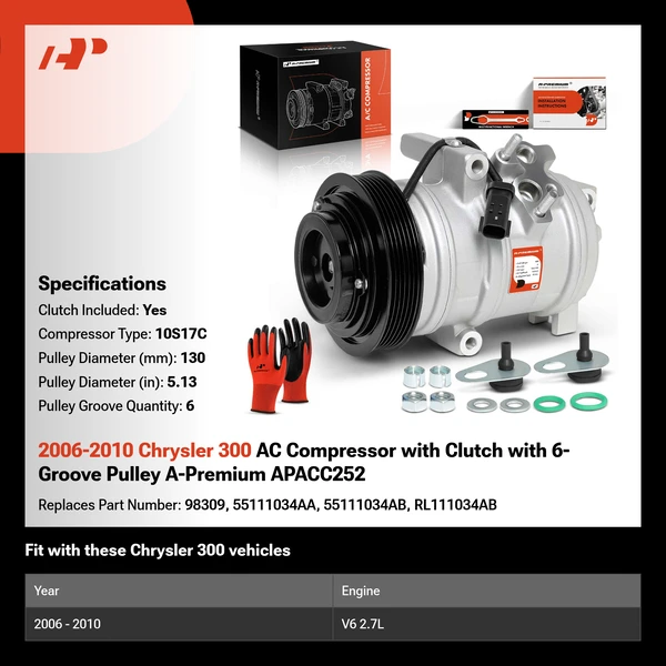 2006-2010 Chrysler 300 AC Compressor with Clutch with 6-Groove Pulley A-Premium APACC252