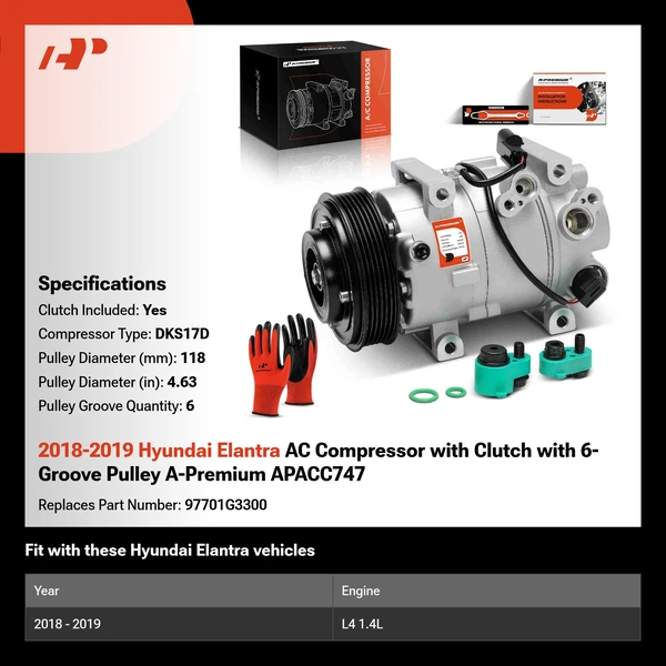2018-2019 Hyundai Elantra AC Compressor with Clutch with 6-Groove Pulley A-Premium APACC747
