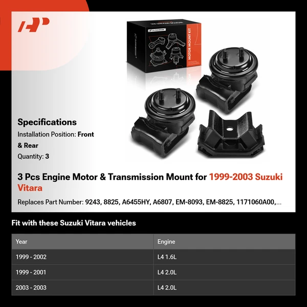 3 Pcs Engine Motor & Transmission Mount for 1999-2003 Suzuki Vitara