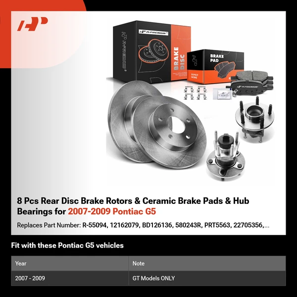 8 Pcs Rear Disc Brake Rotors & Ceramic Brake Pads & Hub Bearings for 2007-2009 Pontiac G5