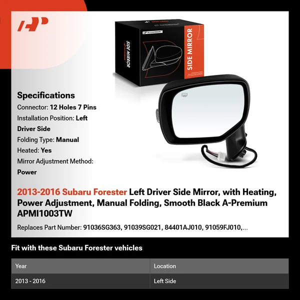 2013-2016 Subaru Forester Left Driver Side Mirror, with Heating, Power Adjustment, Manual Folding, Smooth Black A-Premium APMI1003TW