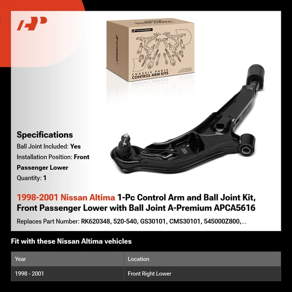 1998-2001 Nissan Altima 1-Pc Control Arm and Ball Joint Kit, Front Passenger Lower with Ball Joint A-Premium APCA5616