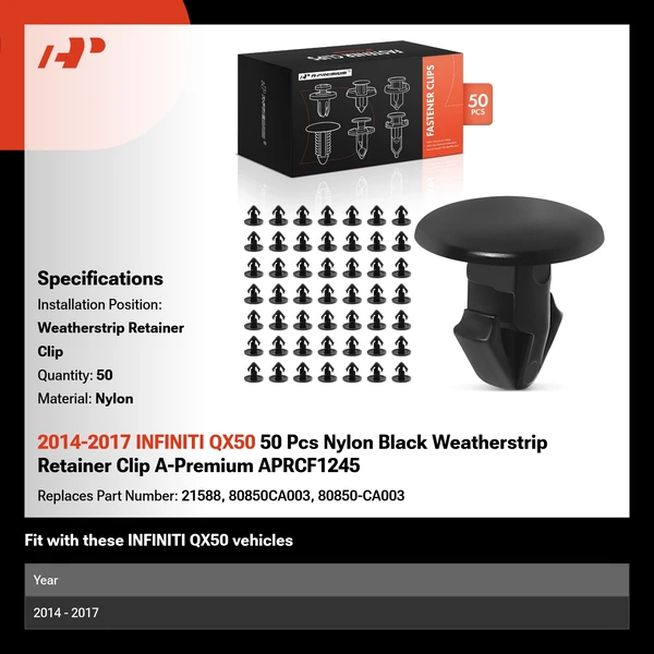 2014-2017 INFINITI QX50 50 Pcs Nylon Black Weatherstrip Retainer Clip A-Premium APRCF1245