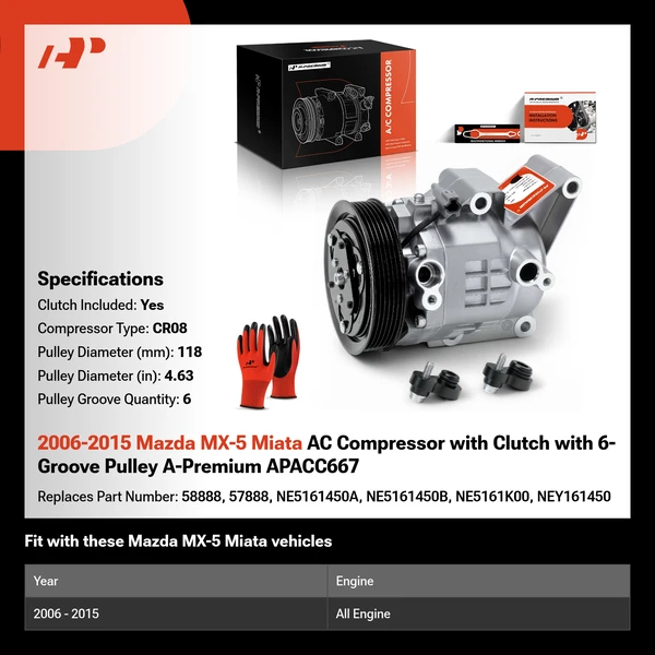 2006-2015 Mazda MX-5 Miata AC Compressor with Clutch with 6-Groove Pulley A-Premium APACC667