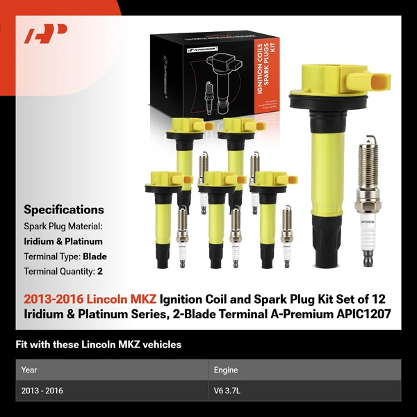 2013-2016 Lincoln MKZ Ignition Coil and Spark Plug Kit Set of 12 Iridium & Platinum Series, 2-Blade Terminal A-Premium APIC1207