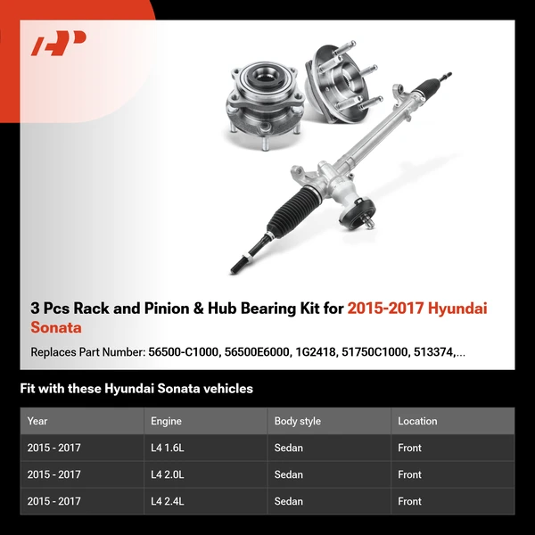 3 Pcs Rack and Pinion & Hub Bearing Kit for 2015-2017 Hyundai Sonata