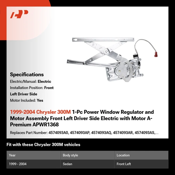 1999-2004 Chrysler 300M 1-Pc Power Window Regulator and Motor Assembly Front Left Driver Side Electric with Motor A-Premium APWR1368