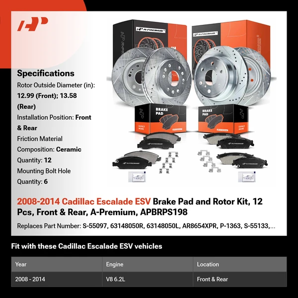 2008-2014 Cadillac Escalade ESV Brake Pad and Rotor Kit, 12 Pcs, Front & Rear, A-Premium, APBRPS198