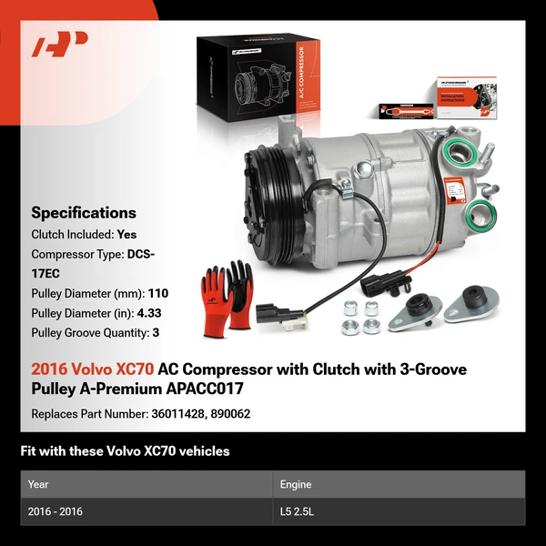 2016 Volvo XC70 AC Compressor with Clutch with 3-Groove Pulley A-Premium APACC017