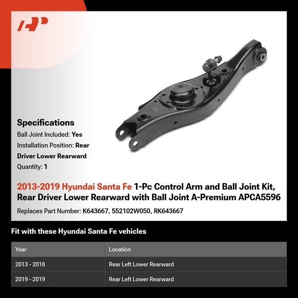 2013-2019 Hyundai Santa Fe 1-Pc Control Arm and Ball Joint Kit, Rear Driver Lower Rearward with Ball Joint A-Premium APCA5596