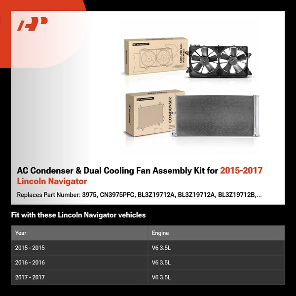 AC Condenser & Dual Cooling Fan Assembly Kit for 2015-2017 Lincoln Navigator