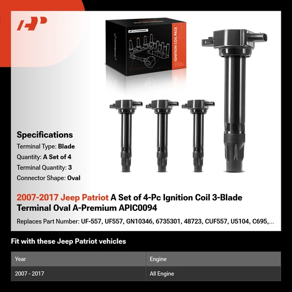 2007-2017 Jeep Patriot A Set of 4-Pc Ignition Coil 3-Blade Terminal Oval A-Premium APIC0094