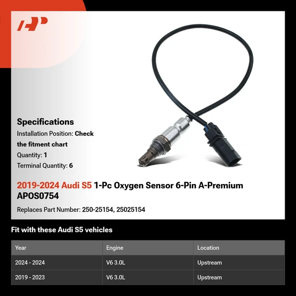 2019-2024 Audi S5 1-Pc Oxygen Sensor 6-Pin A-Premium APOS0754