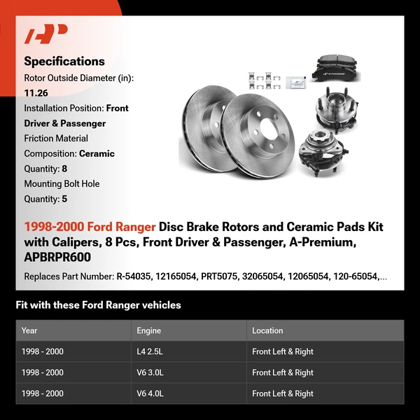 1998-2000 Ford Ranger Disc Brake Rotors and Ceramic Pads Kit with Calipers, 8 Pcs, Front Driver & Passenger, A-Premium, APBRPR600