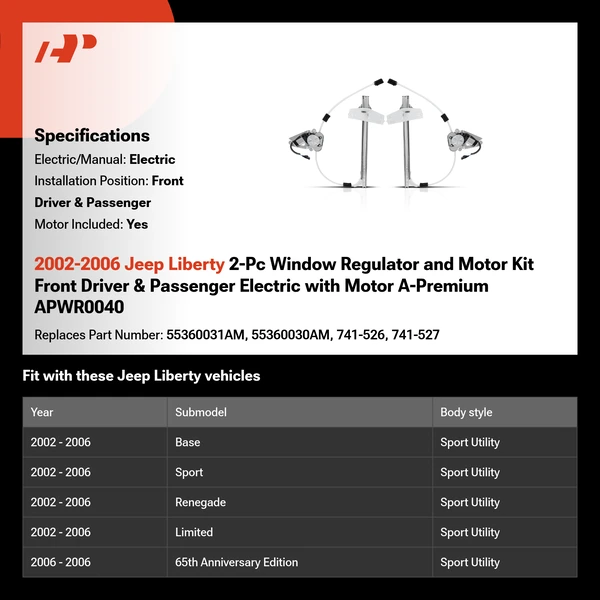 2002-2006 Jeep Liberty 2-Pc Window Regulator and Motor Kit Front Driver & Passenger Electric with Motor A-Premium APWR0040