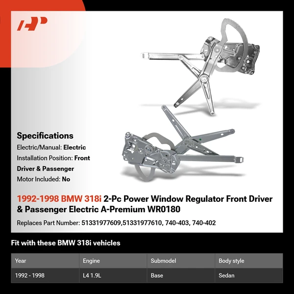 1992-1998 BMW 318i 2-Pc Power Window Regulator Front Driver & Passenger Electric A-Premium WR0180