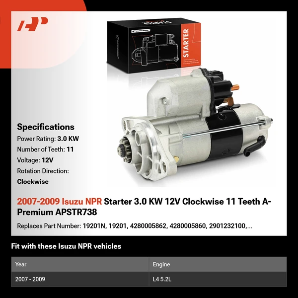 2007-2009 Isuzu NPR Starter 3.0 KW 12V Clockwise 11 Teeth A-Premium APSTR738