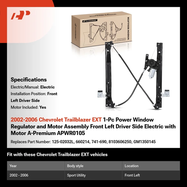 2002-2006 Chevrolet Trailblazer EXT 1-Pc Power Window Regulator and Motor Assembly Front Left Driver Side Electric with Motor A-Premium APWR0105