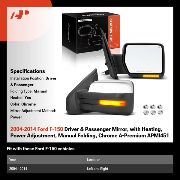 2004-2014 Ford F-150 Driver & Passenger Mirror, with Heating, Power Adjustment, Manual Folding, Chrome A-Premium APMI451