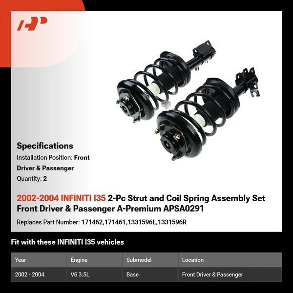 2002-2004 INFINITI I35 2-Pc Strut and Coil Spring Assembly Set Front Driver & Passenger A-Premium APSA0291