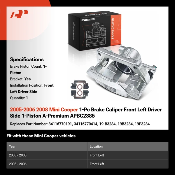 2005-2006 2008 Mini Cooper 1-Pc Brake Caliper Front Left Driver Side 1-Piston A-Premium APBC2385