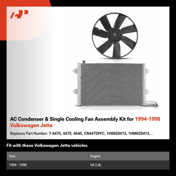 AC Condenser & Single Cooling Fan Assembly Kit for 1994-1998 Volkswagen Jetta