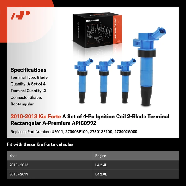 2010-2013 Kia Forte A Set of 4-Pc Ignition Coil 2-Blade Terminal Rectangular A-Premium APIC0992