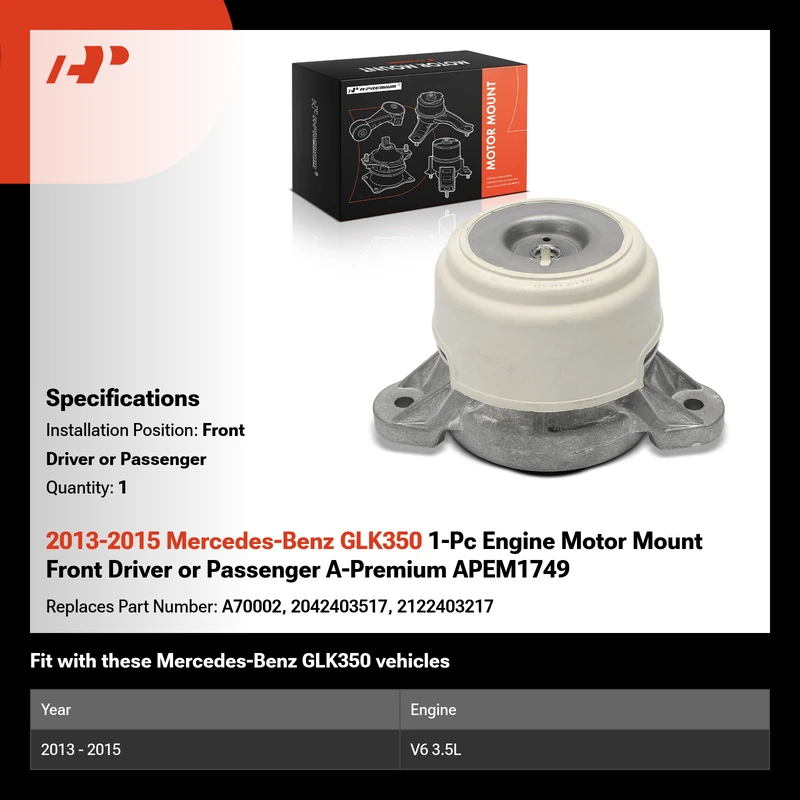 2013-2015 Mercedes-Benz GLK350 1-Pc Engine Motor Mount Front Driver or Passenger A-Premium APEM1749