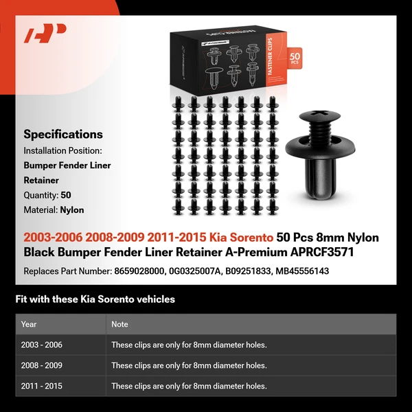 2003-2006 2008-2009 2011-2015 Kia Sorento 50 Pcs 8mm Nylon Black Bumper Fender Liner Retainer A-Premium APRCF3571