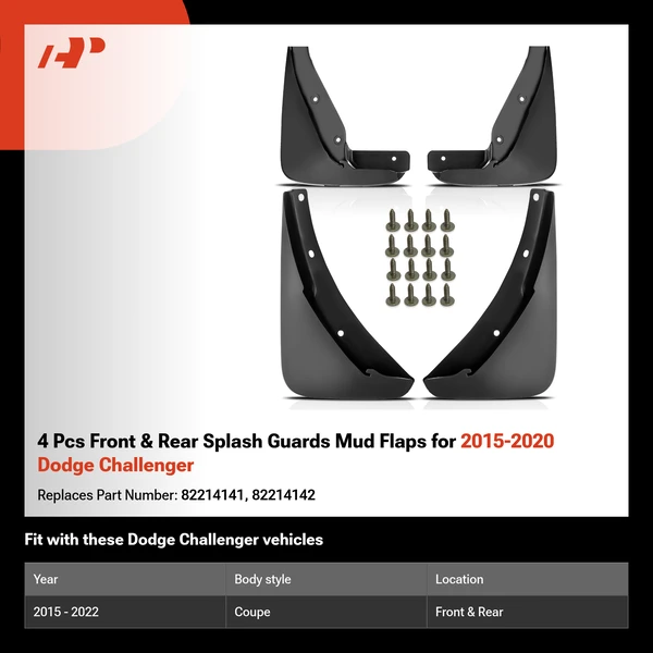 4 Pcs Front & Rear Splash Guards Mud Flaps for 2015-2020 Dodge Challenger