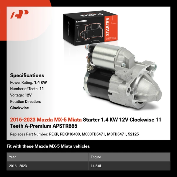 2016-2023 Mazda MX-5 Miata Starter 1.4 KW 12V Clockwise 11 Teeth A-Premium APSTR665