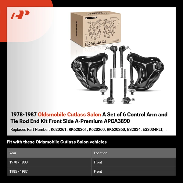 1978-1987 Oldsmobile Cutlass Salon A Set of 6 Control Arm and Tie Rod End Kit Front Side A-Premium APCA3890