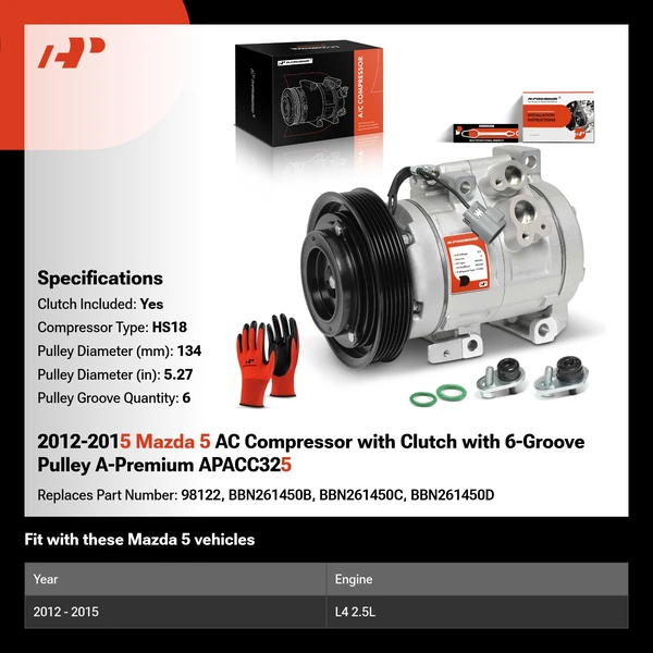 2012-2015 Mazda 5 AC Compressor with Clutch with 6-Groove Pulley A-Premium APACC325