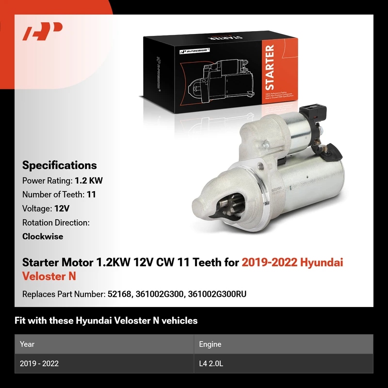 Starter Motor 1.2KW 12V CW 11 Teeth for 2019-2022 Hyundai Veloster N
