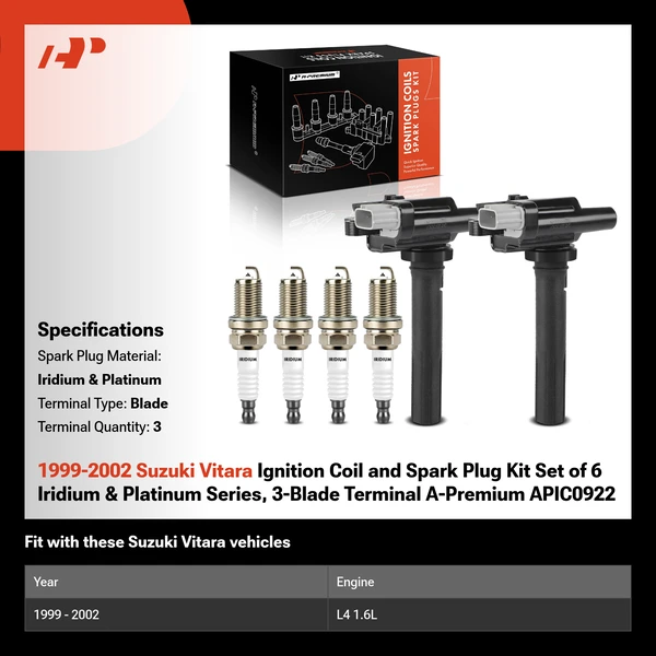 1999-2002 Suzuki Vitara Ignition Coil and Spark Plug Kit Set of 6 Iridium & Platinum Series, 3-Blade Terminal A-Premium APIC0922