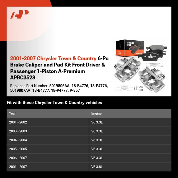 2001-2007 Chrysler Town & Country 6-Pc Brake Caliper and Pad Kit Front Driver & Passenger 1-Piston A-Premium APBC3528