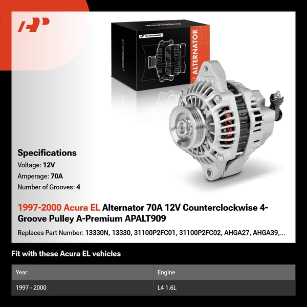 1997-2000 Acura EL Alternator 70A 12V Counterclockwise 4-Groove Pulley A-Premium APALT909