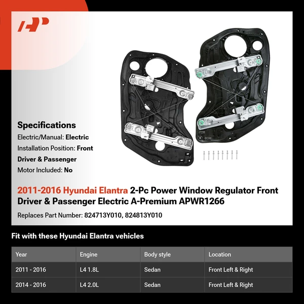 2011-2016 Hyundai Elantra 2-Pc Power Window Regulator Front Driver & Passenger Electric A-Premium APWR1266