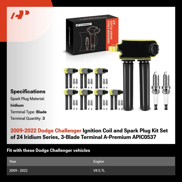 2009-2022 Dodge Challenger Ignition Coil and Spark Plug Kit Set of 24 Iridium Series, 3-Blade Terminal A-Premium APIC0537
