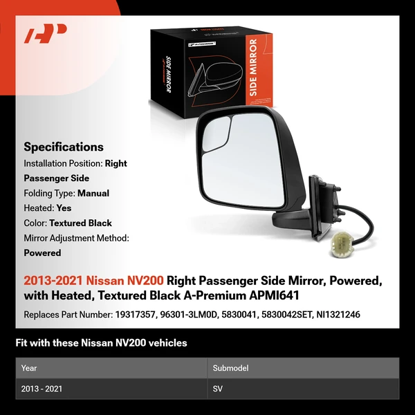 2013-2021 Nissan NV200 Right Passenger Side Mirror, Powered, with Heated, Textured Black A-Premium APMI641