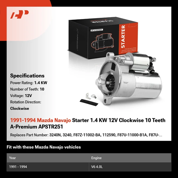 1991-1994 Mazda Navajo Starter 1.4 KW 12V Clockwise 10 Teeth A-Premium APSTR251